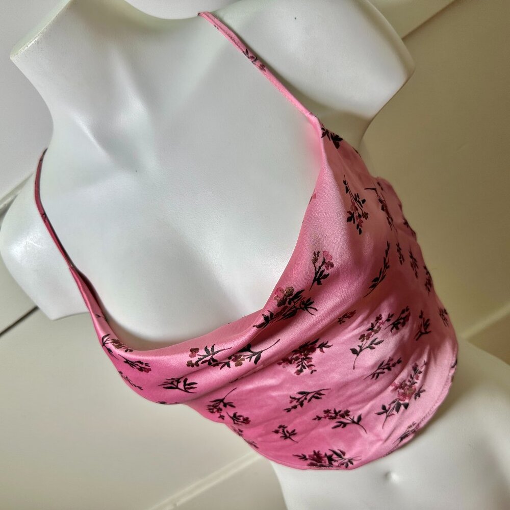 NEW GARAGE Y2K Pink Floral Crop Top Satin, Small
